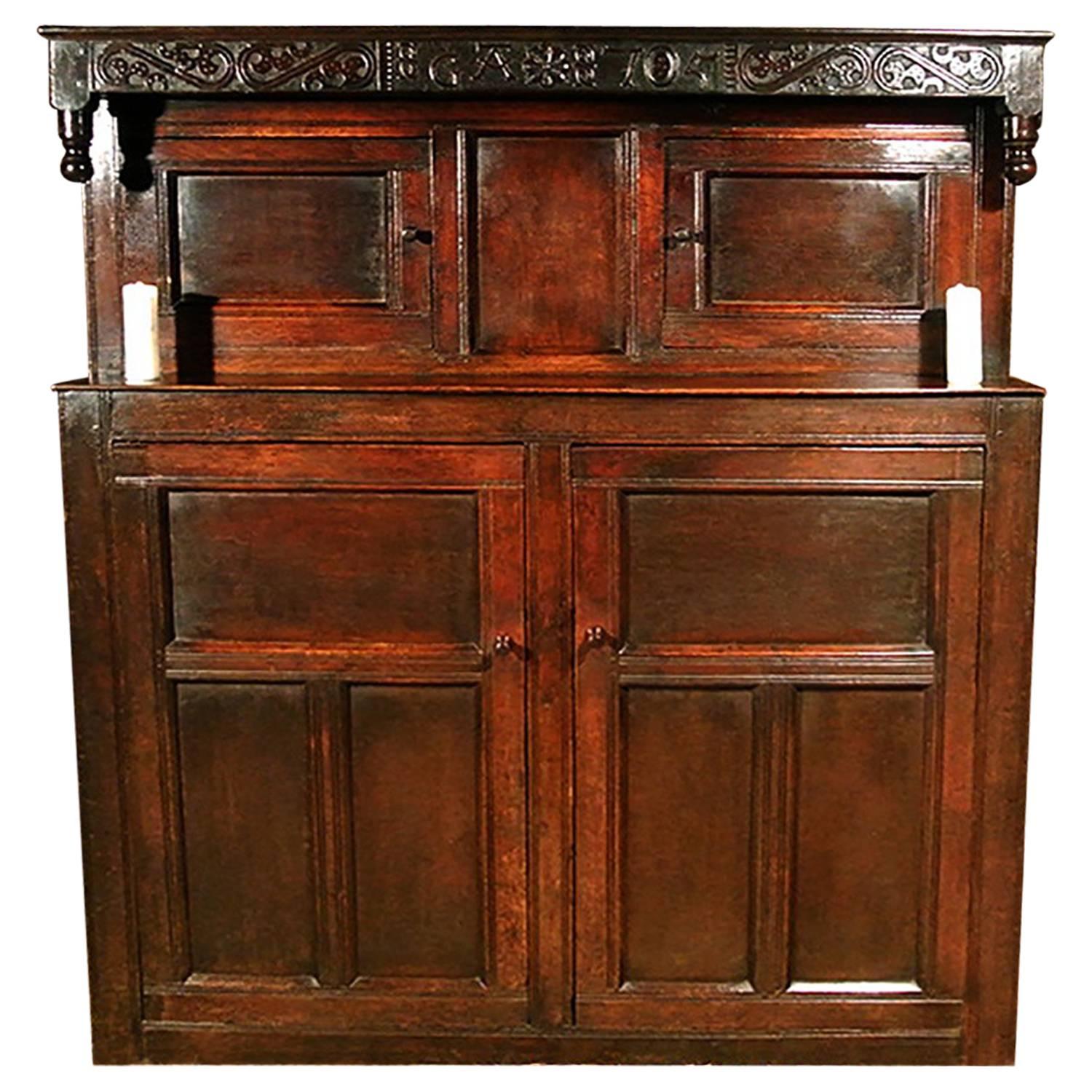 Original Queen Anne Oak Court Cupboard, Dated 1705 For Sale