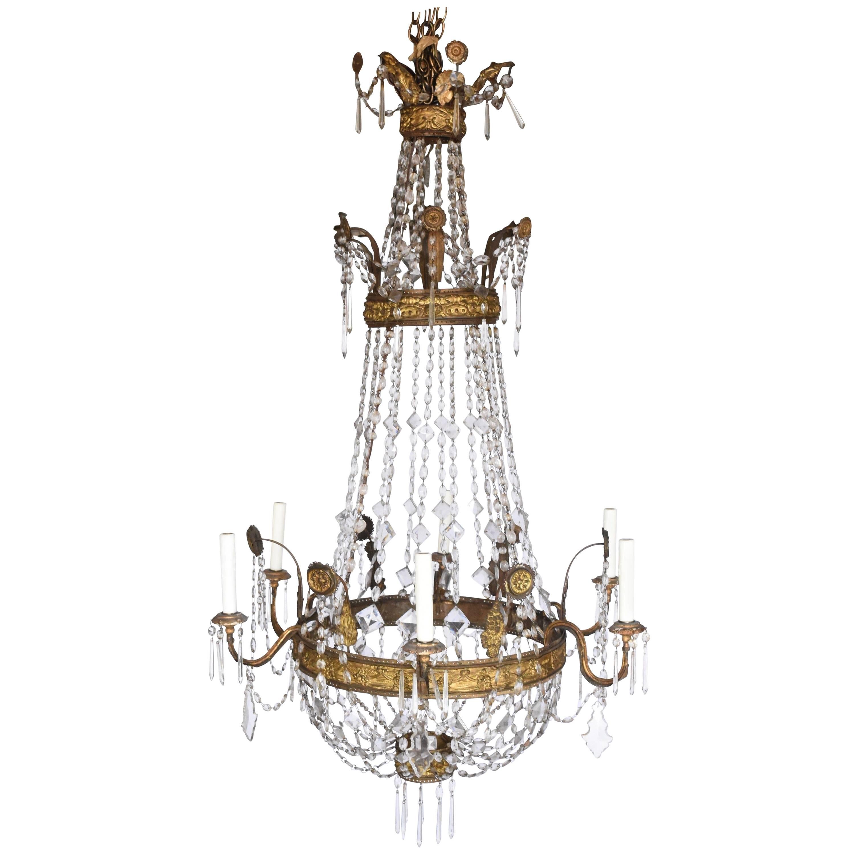 18th Century Italian Repousse' Metal Crystal Chandelier with Six Arms For Sale