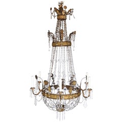 Antique 18th Century Italian Repousse' Metal Crystal Chandelier with Six Arms