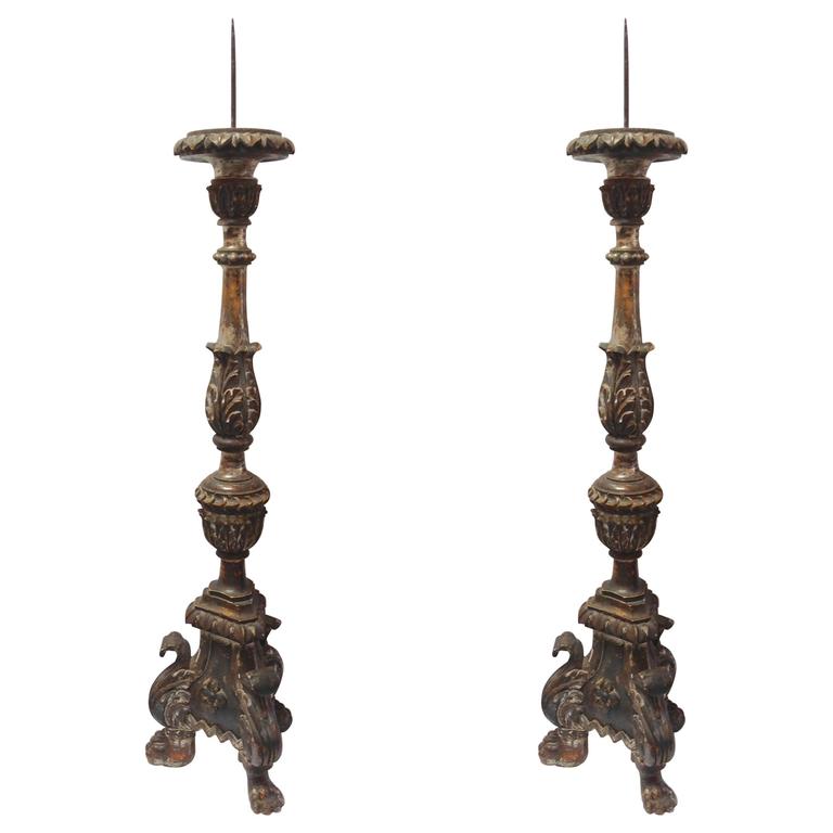 Pair of Tall Italian Carved Wood Candlesticks, 18th Century For Sale at