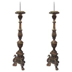 Pair of Tall Italian Carved Wood Candlesticks, 18th Century 9