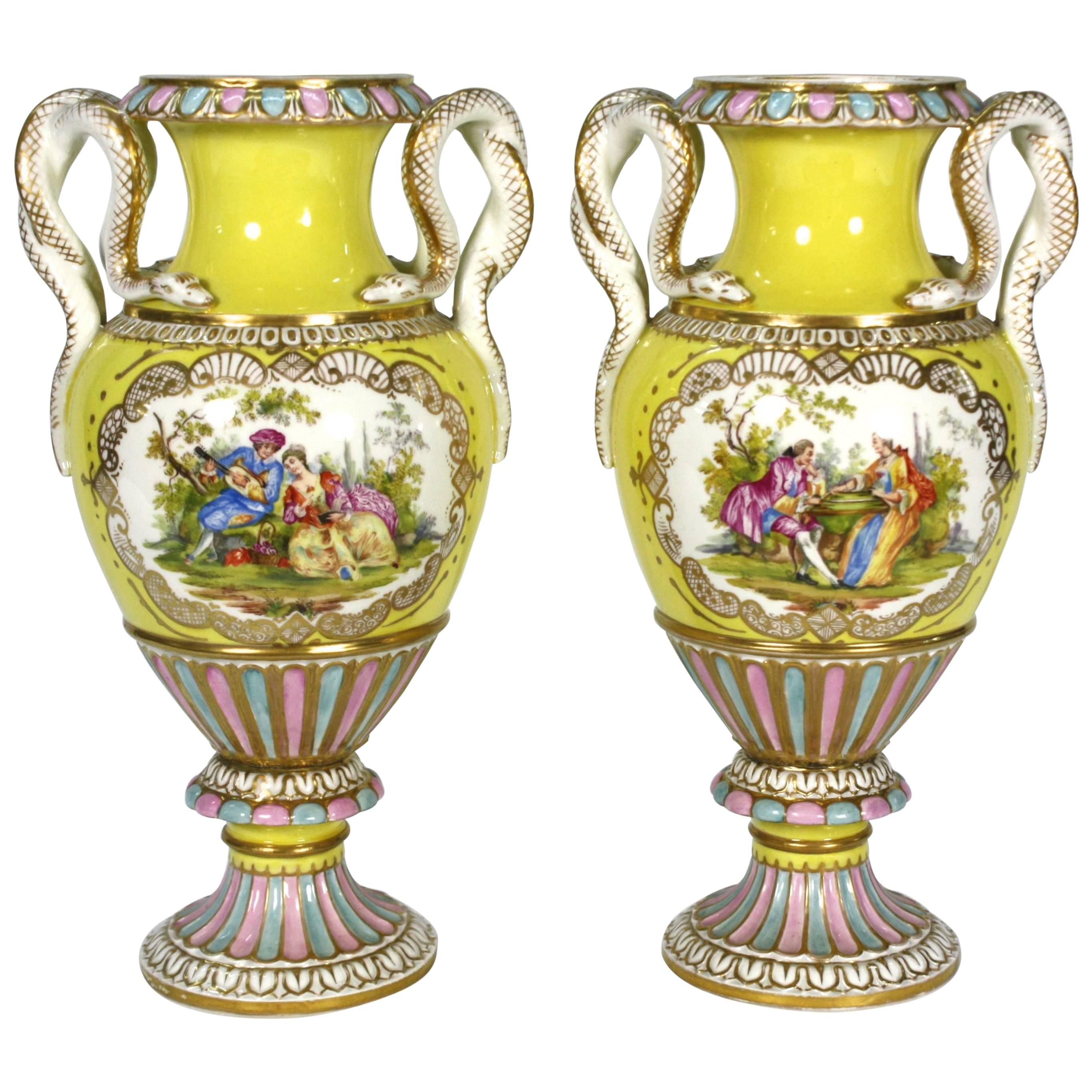 Pair of Meissen Porcelain Vases with Snake Handles For Sale