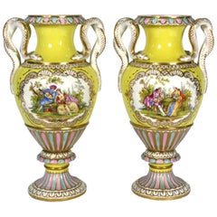 Pair of Meissen Porcelain Vases with Snake Handles