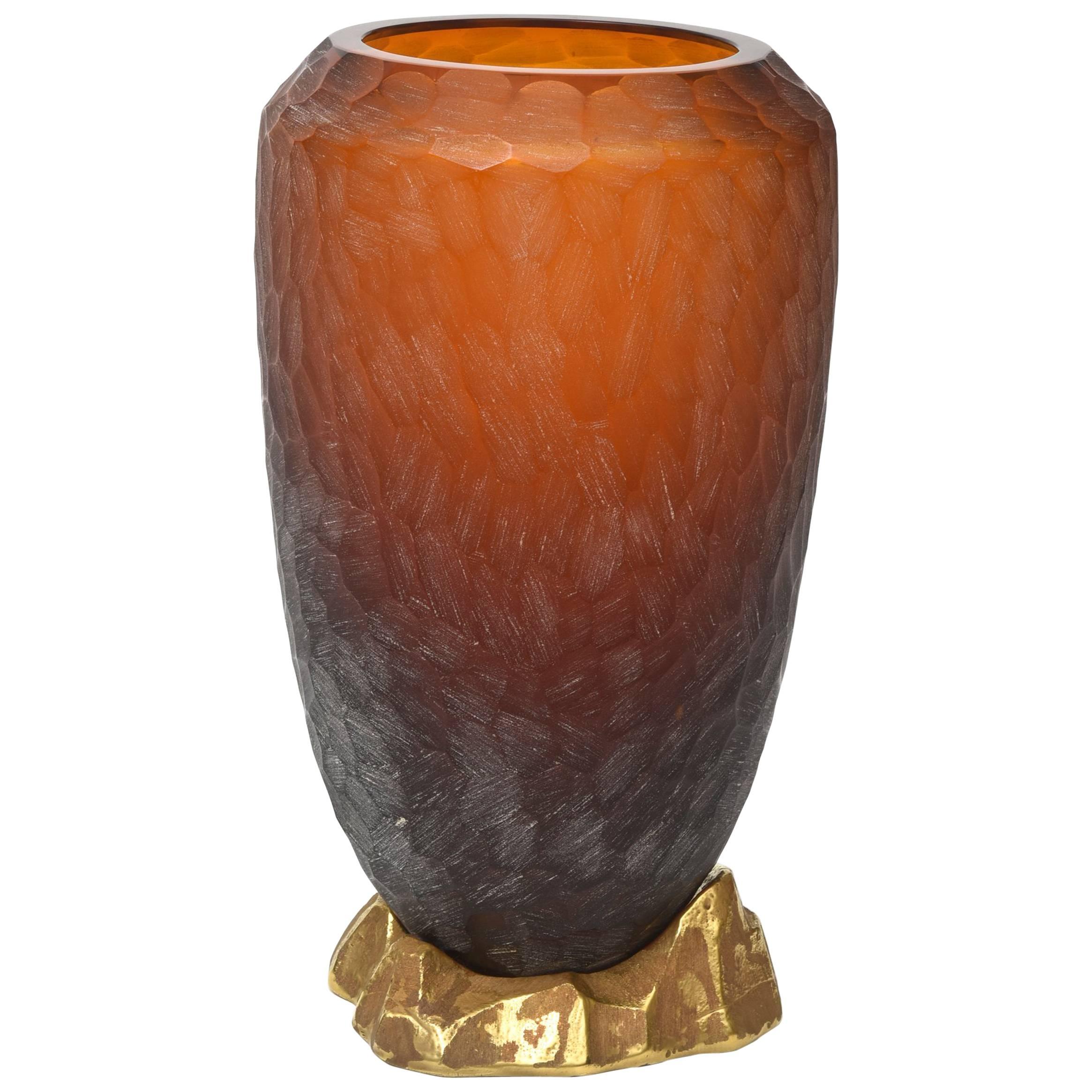 Rare Italian Modern Dark Amber and Gilt Decorated Vase, Seguso For Sale