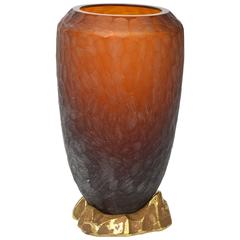 Rare Italian Modern Dark Amber and Gilt Decorated Vase, Seguso
