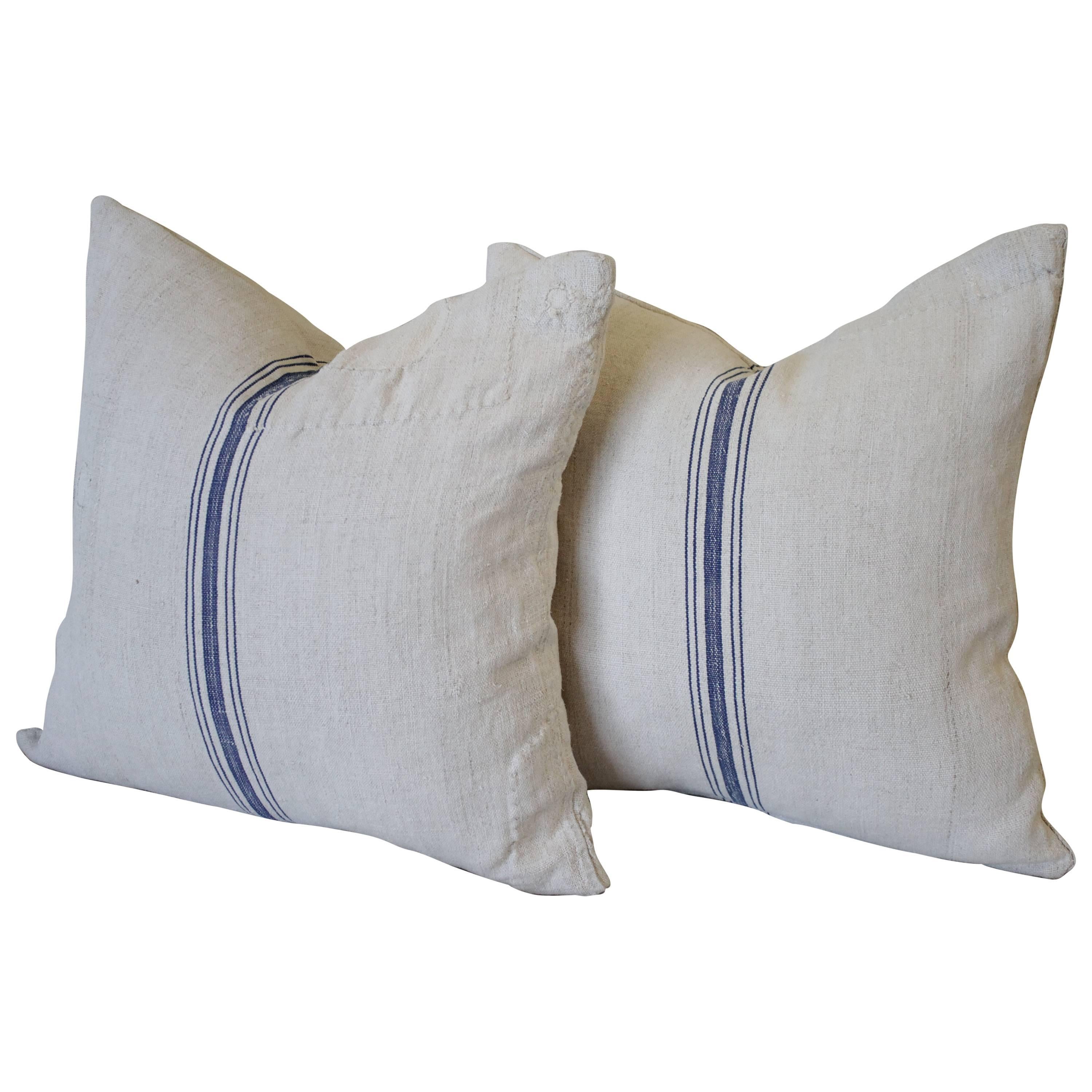 Vintage Blue Stripe European Grain Sack Pillows
