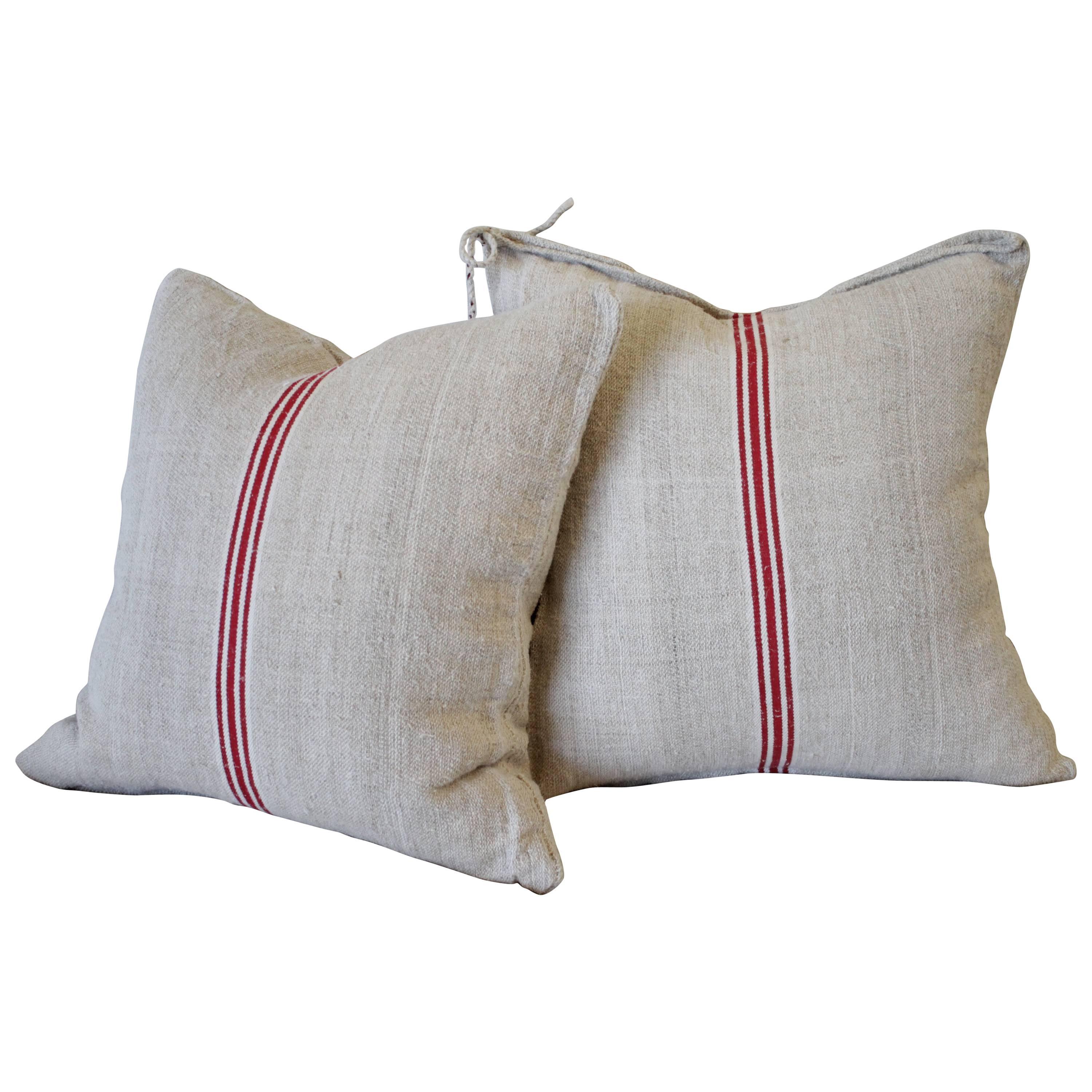 Vintage Red Stripe European Grainsack Pillows Pair