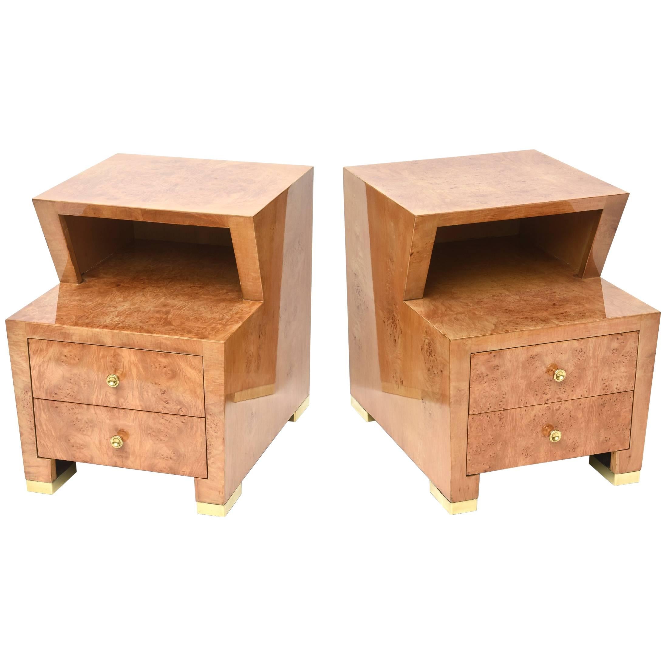 Pair of Sir Edmund Spence Burled Maple Two-Drawer Night or End Tables