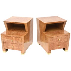 Pair of Sir Edmund Spence Burled Maple Two-Drawer Night or End Tables