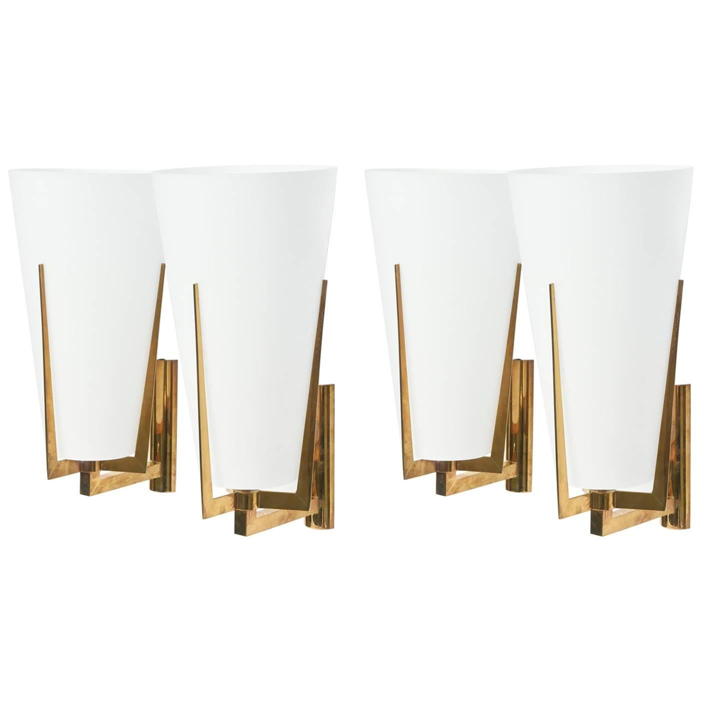 Set of Four Large Stilnovo Brass and Frosted Glass Wall Lights, Italy