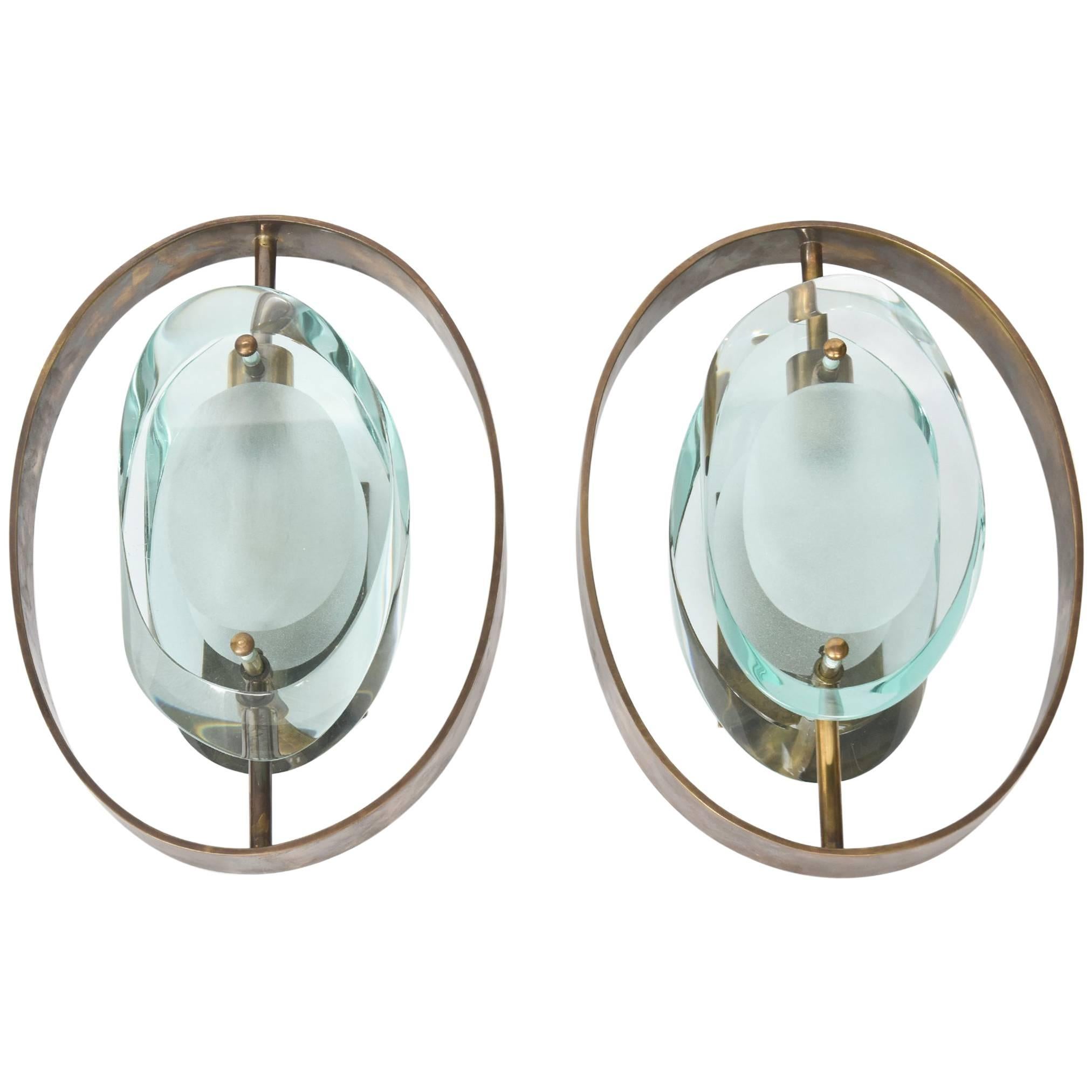 Pair of Italian Modern Brass and Glass Wall Lights, Model 2240