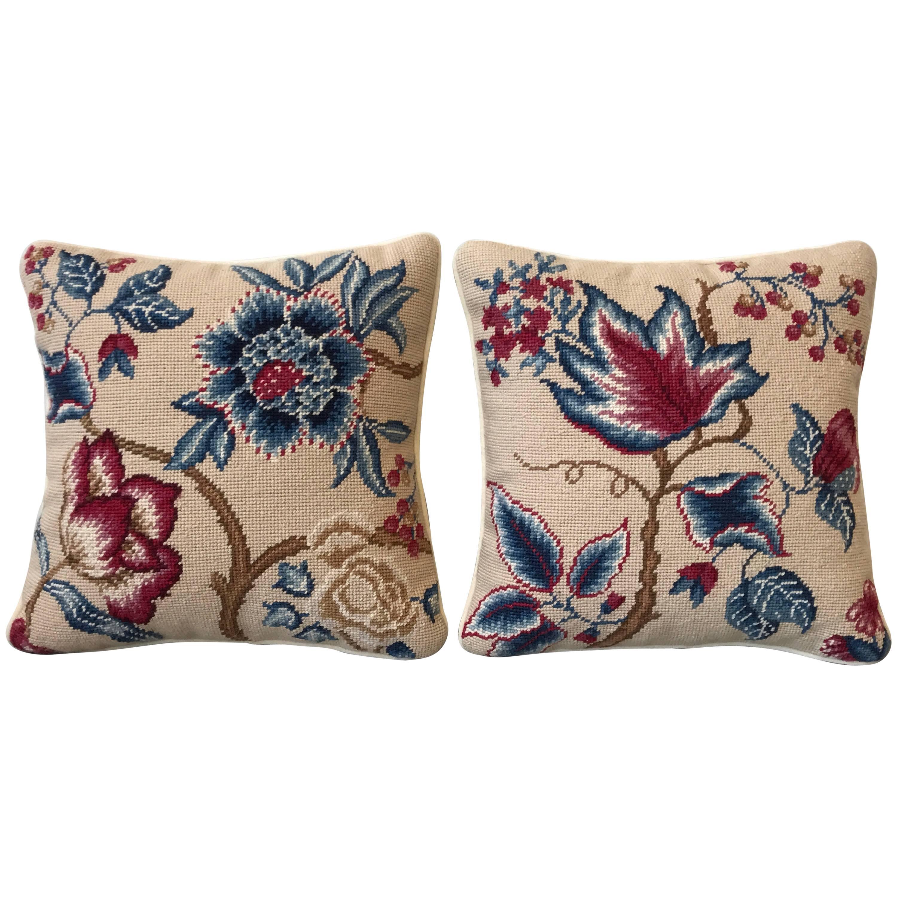 1960s Tree of Life Motif Floral Needlepoint Pillow, Pair
