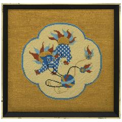 1960s Blue Foo Dog Needlepoint, Framed 11