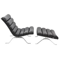 Arne Norell Chrome and Leather Chair and Ottoman, Sweden