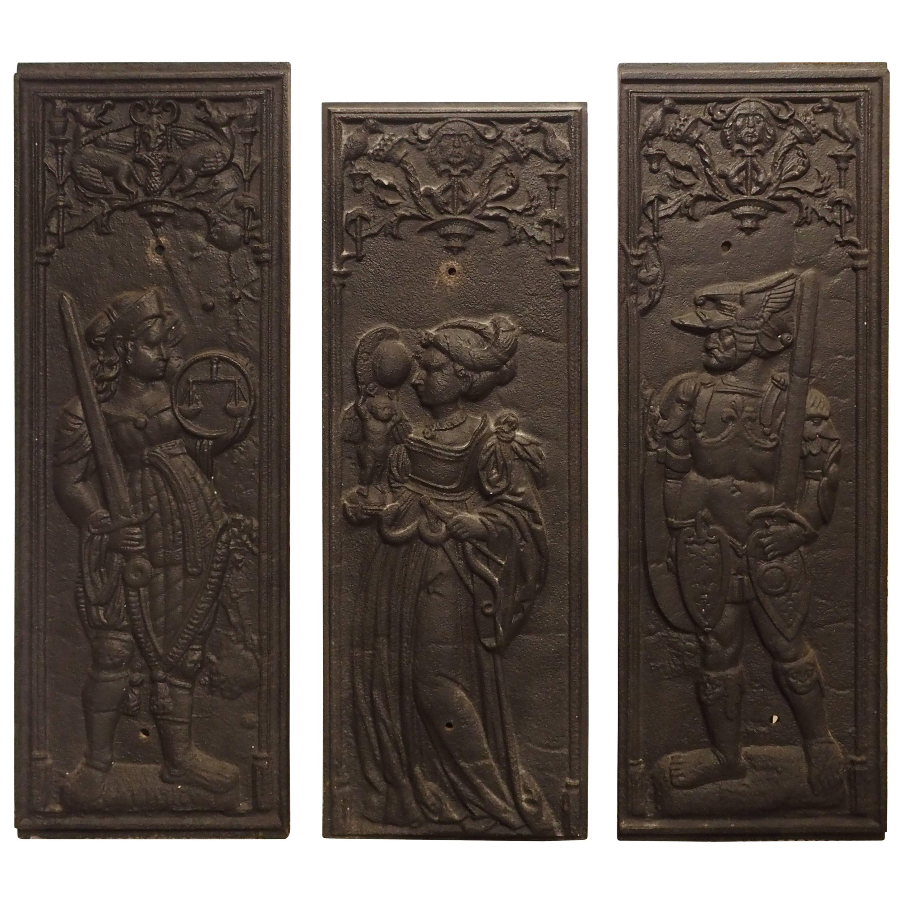 Rare Antique Cast Iron French Fireplace Plaques, Justice, Prudence and Courage