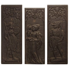 Rare Used Cast Iron French Fireplace Plaques, Justice, Prudence and Courage