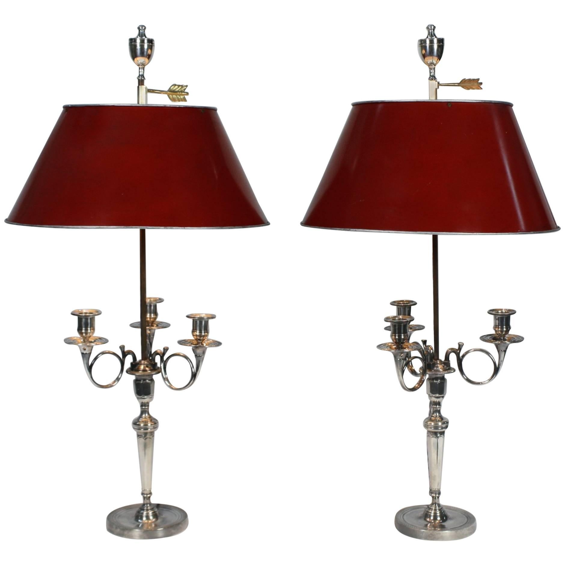 Pair of Silvered-Bronze Hunting Horn Candelabra Lamps
