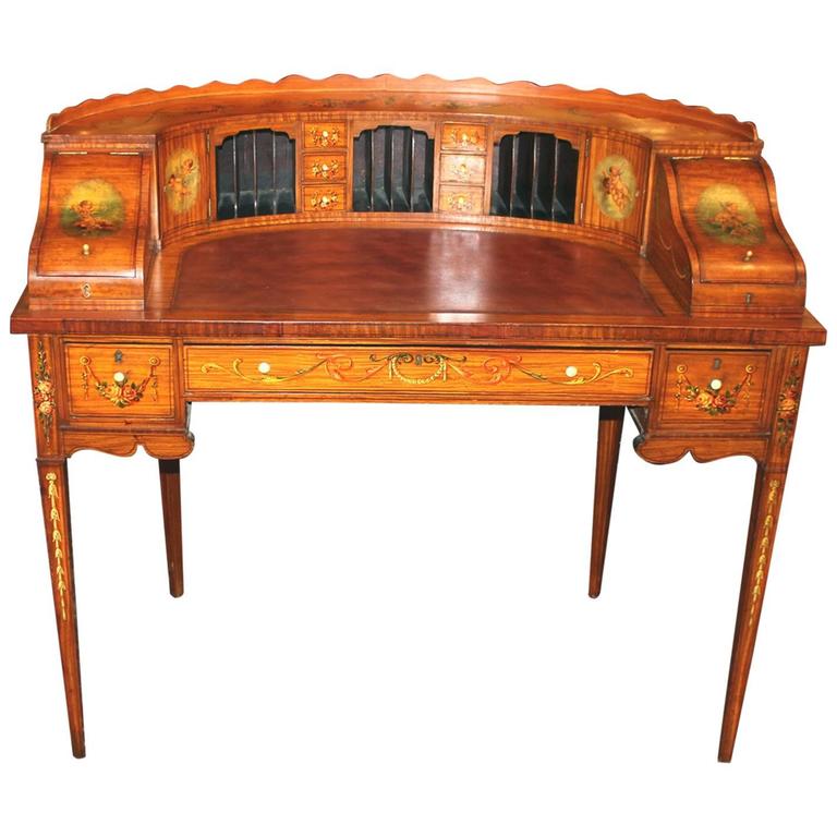 Edwardian HandPainted Carlton Desk in Satinwood with Leather Insert at