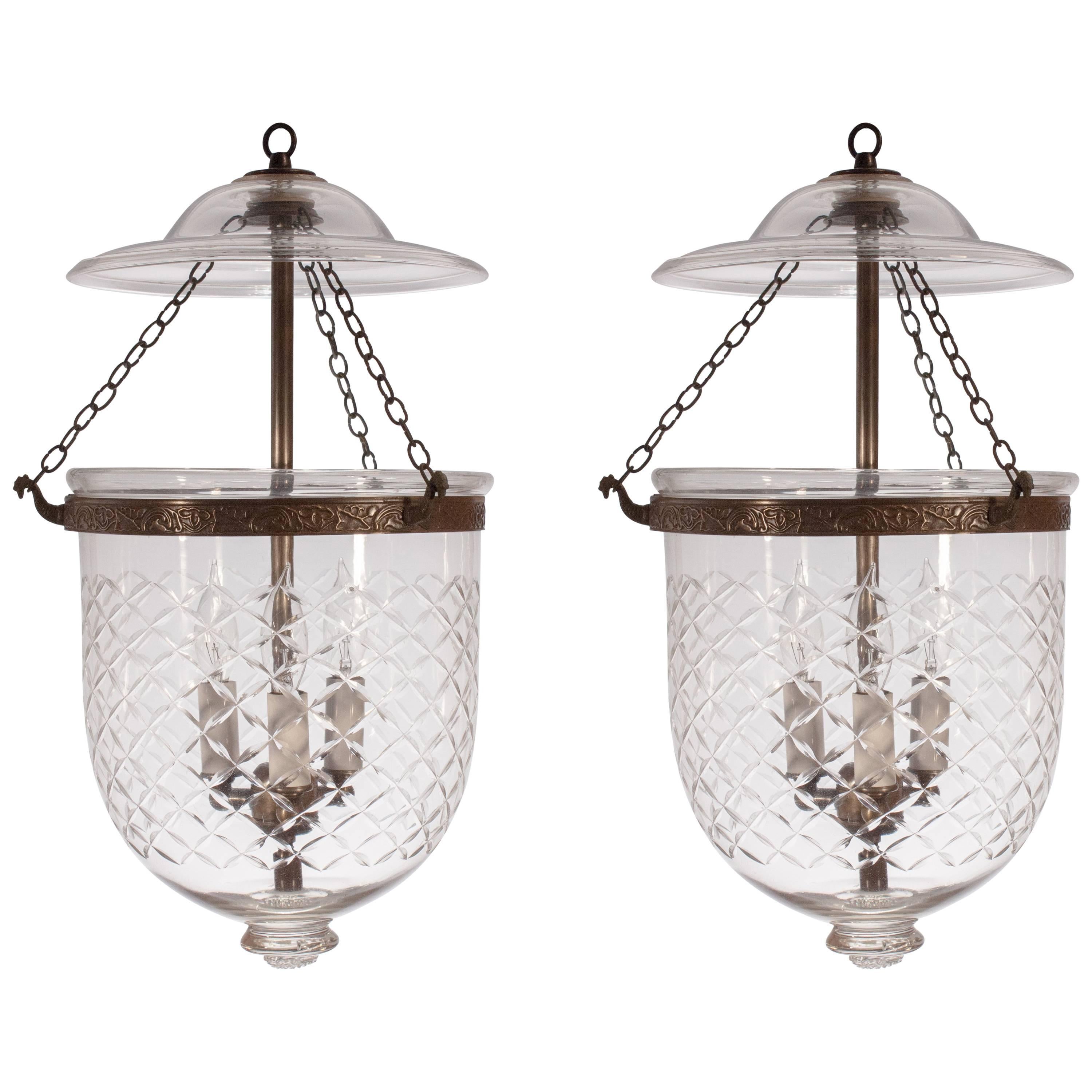 Pair of Bell Jar Hall Lanterns with Diamond Etching