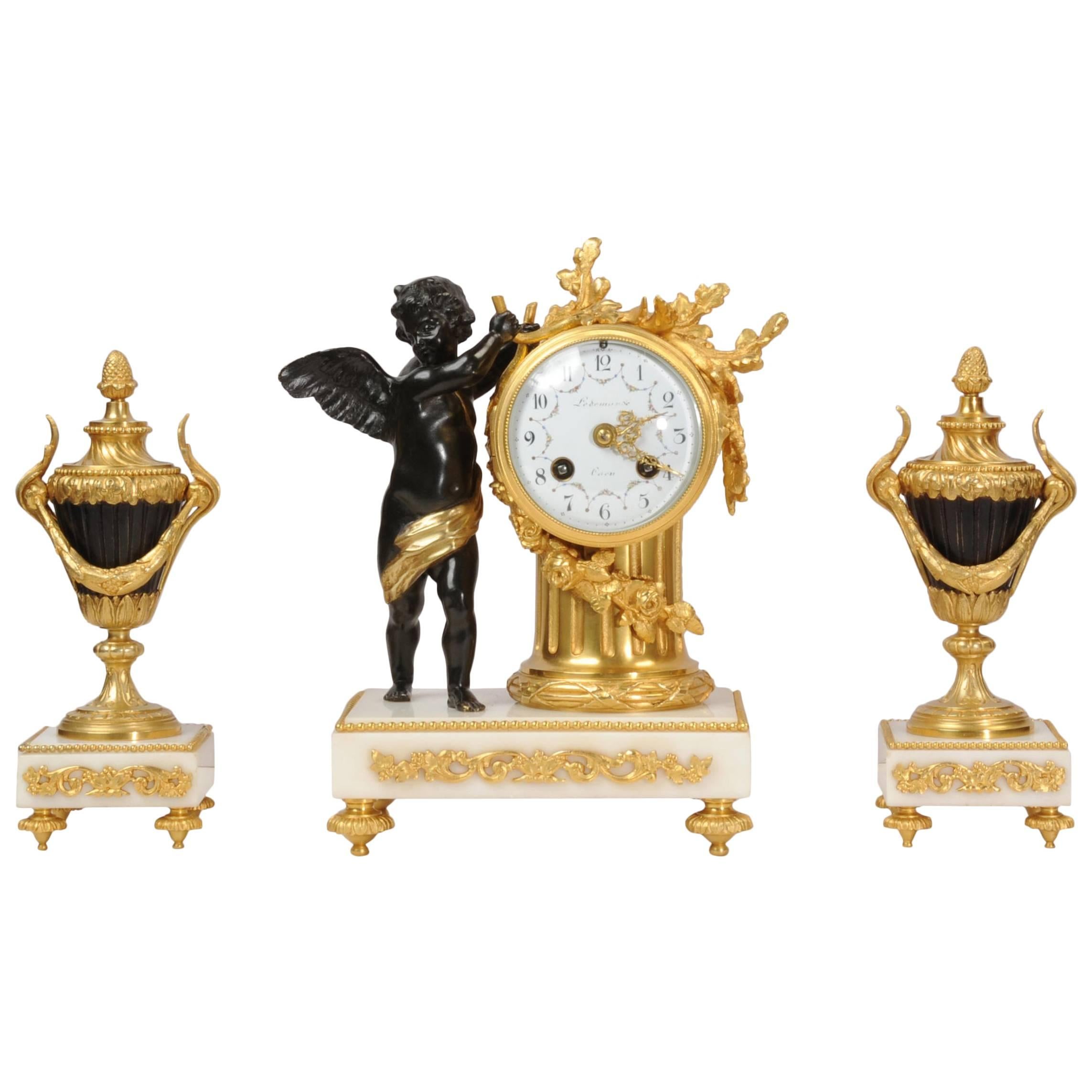 Antique French Bronze, Ormolu and Marble Boudoir Clock Set, circa 1880