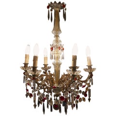 Charming French Crystal Six Branch Brass Chandelier