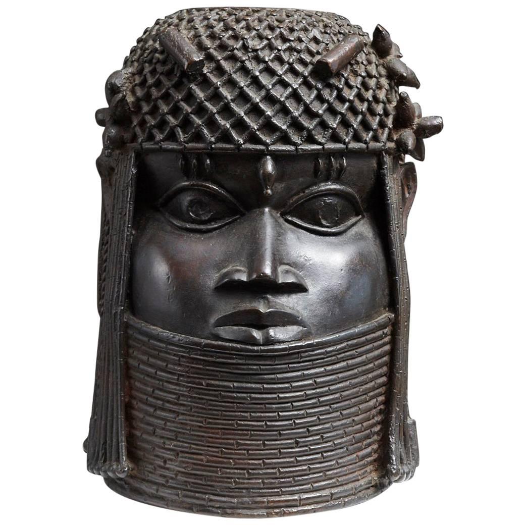 Benin Bronze Memorial Head from The Nelson Rockefeller Collection, Signed, 1978