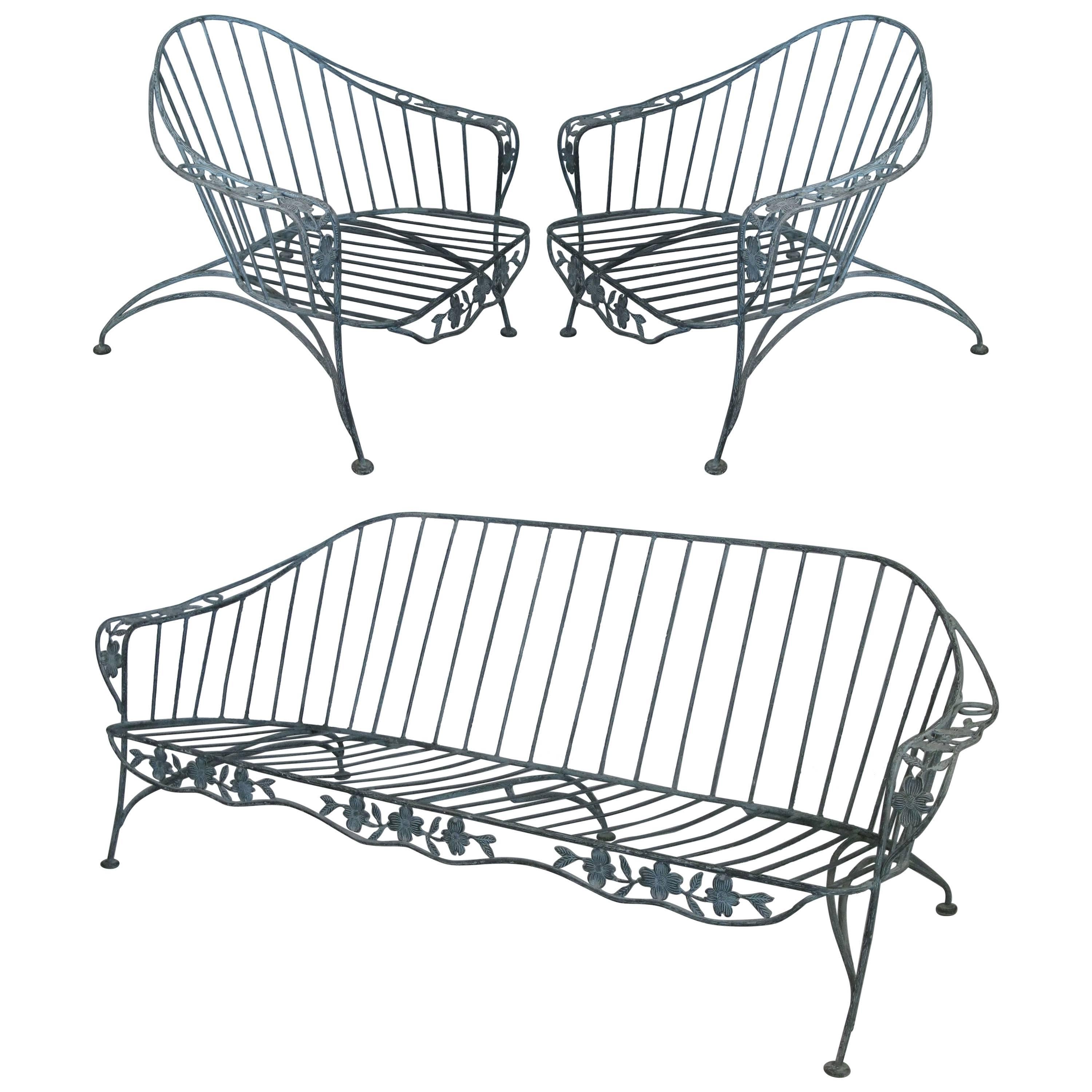 Set of Faux Bois Wrought Iron Lounge Seating, Pair of Chairs and Sofa