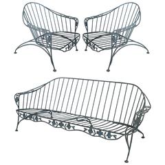 Retro Set of Faux Bois Wrought Iron Lounge Seating, Pair of Chairs and Sofa