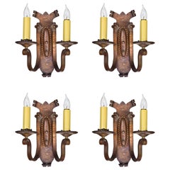 Hammered Brass Tudor Two Candle Sconce Set of Four