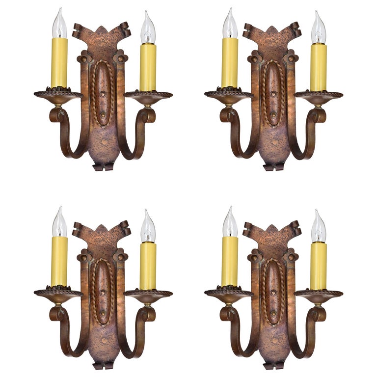 Hammered Brass Tudor Two Candle Sconce Set of Four at 1stDibs