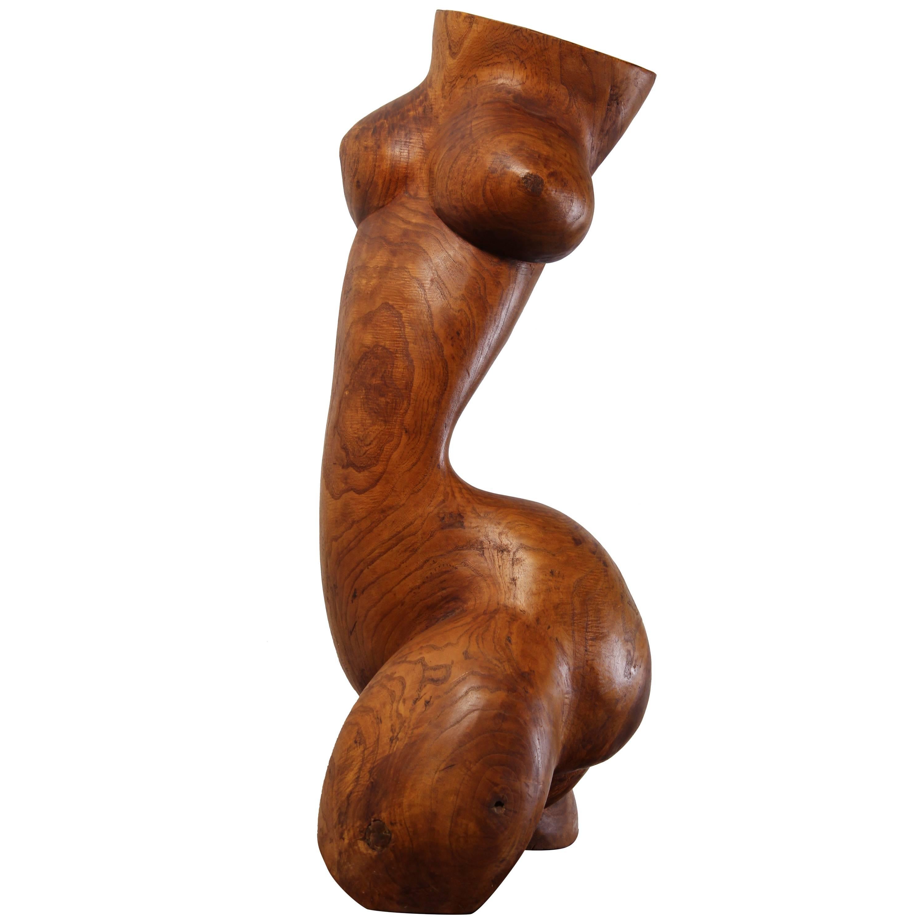 Henry Moore Style Hand-Carved Burled Wood Nude Torso, 1960s