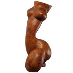 Henry Moore Style Hand-Carved Burled Wood Nude Torso, 1960s