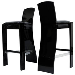 Retro Pair of Black Lucite Hill Mfg. Mid Century Modern Curved Sculptural Bar Stools