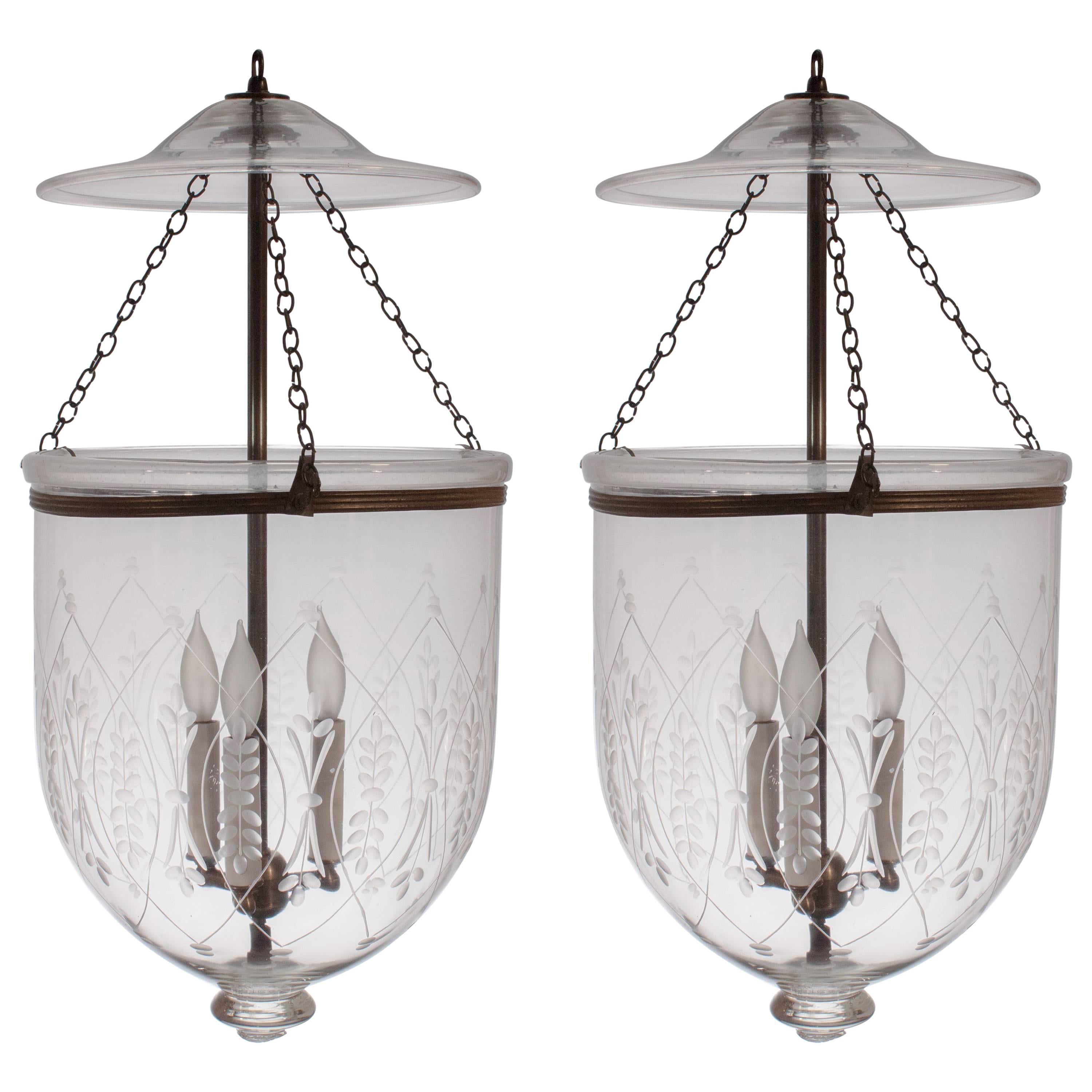 Pair of Large 19th Century Bell Jar Lanterns with Wheat Etching