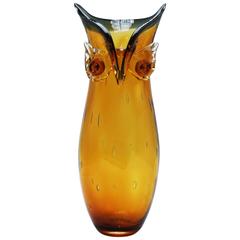 Amber Owl Murano Glass Vase with Clear Bubble Inclusions, circa 1970