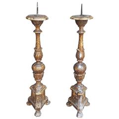 Antique Pair of 18c Spanish Giltwood Candlesticks