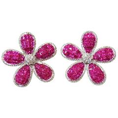 Vintage Rare Important 18 Karat Large Ruby and Diamond Gold Floral Earrings