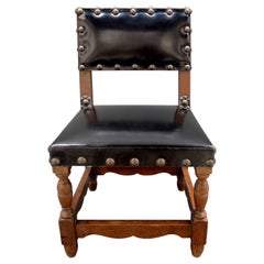 Antique Jacobean Style Black Leather Childs Chair