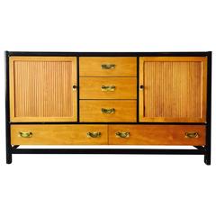 Mid-Century Modern Asian Credenza in Walnut & Ebonized Wood with Brass Accents