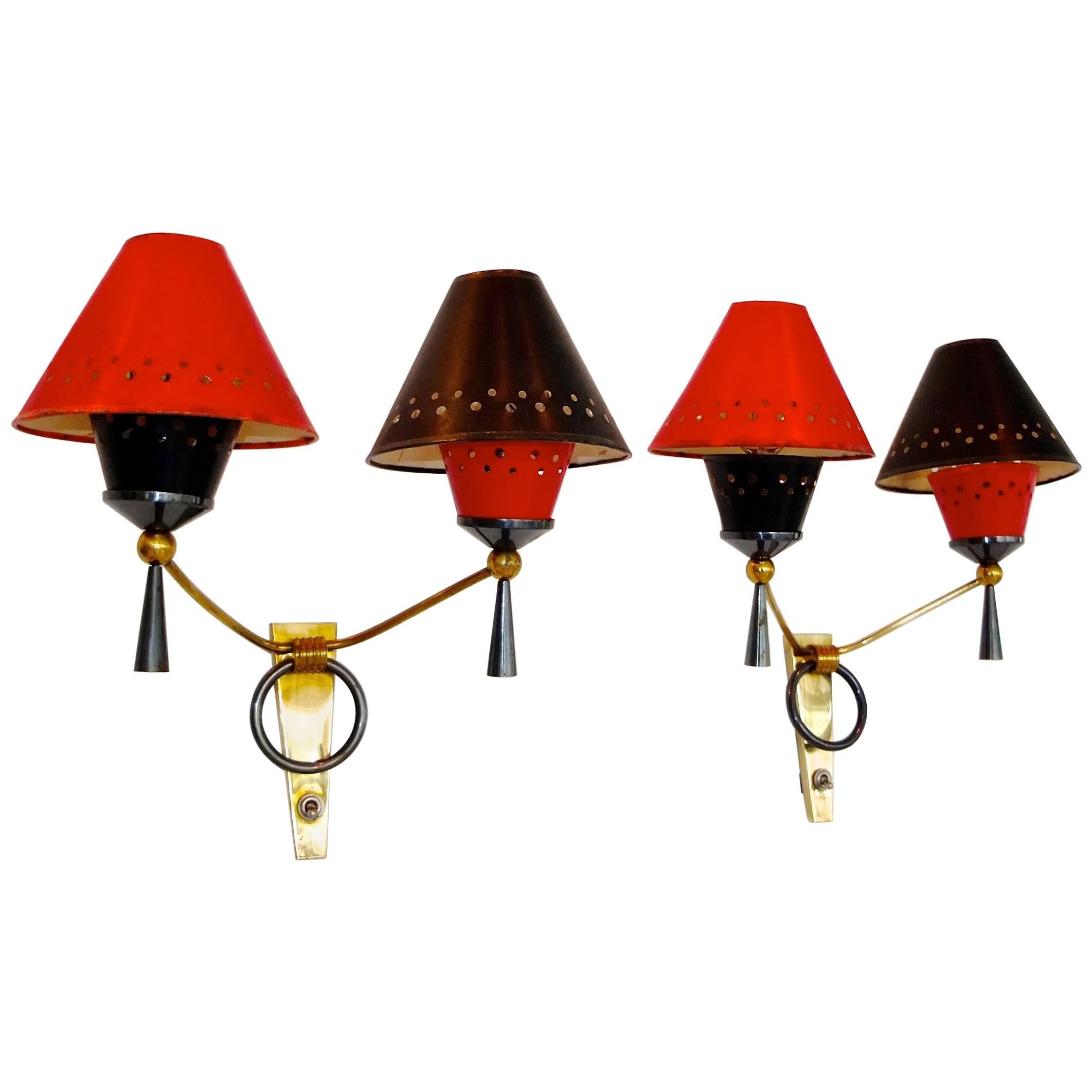 Pair of Maison Lunel Double Arm Sconces with Original Abat Jour For Sale