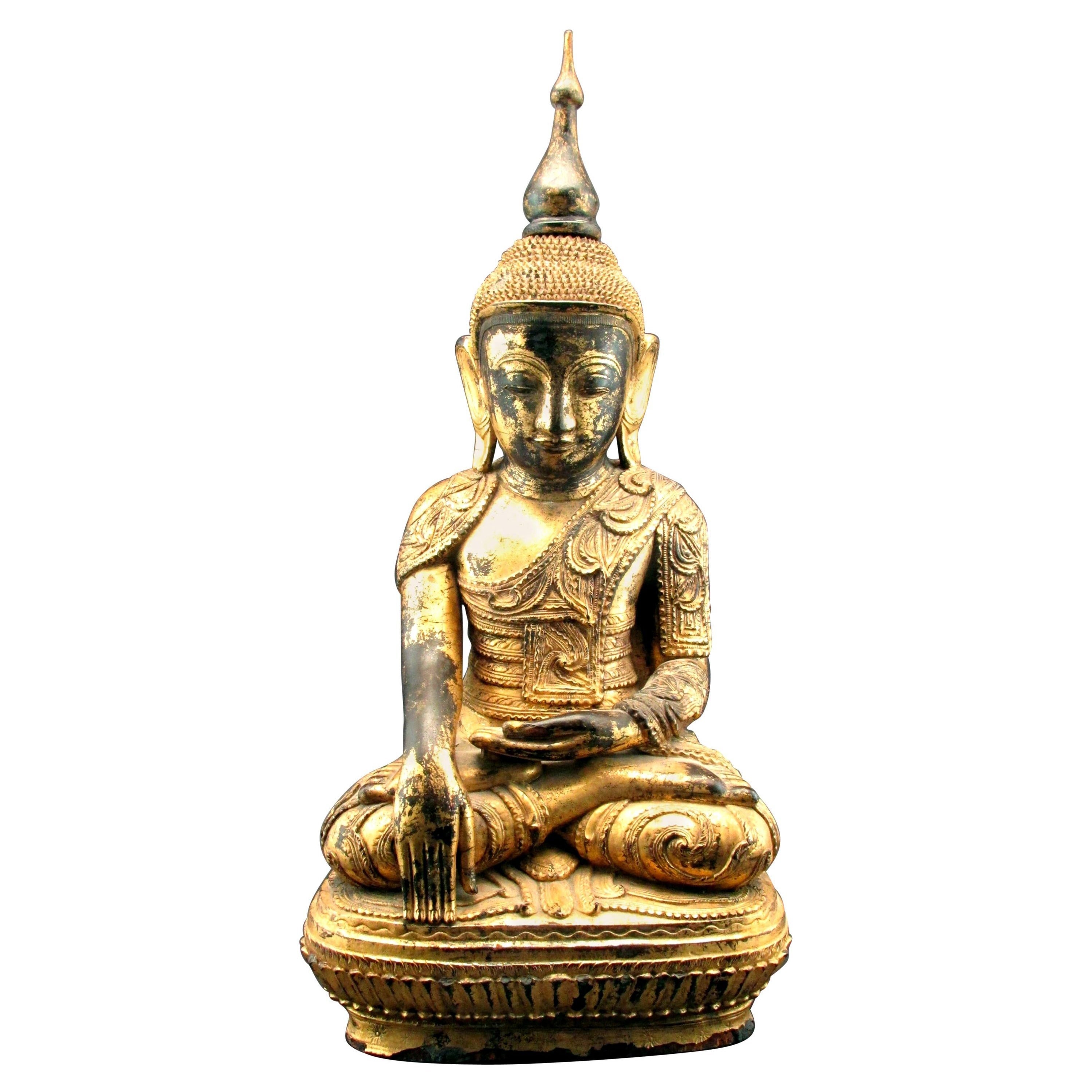 An Exceptional Carved Giltwood & Black Lacquered Shan Style Buddha, Circa 1890 For Sale