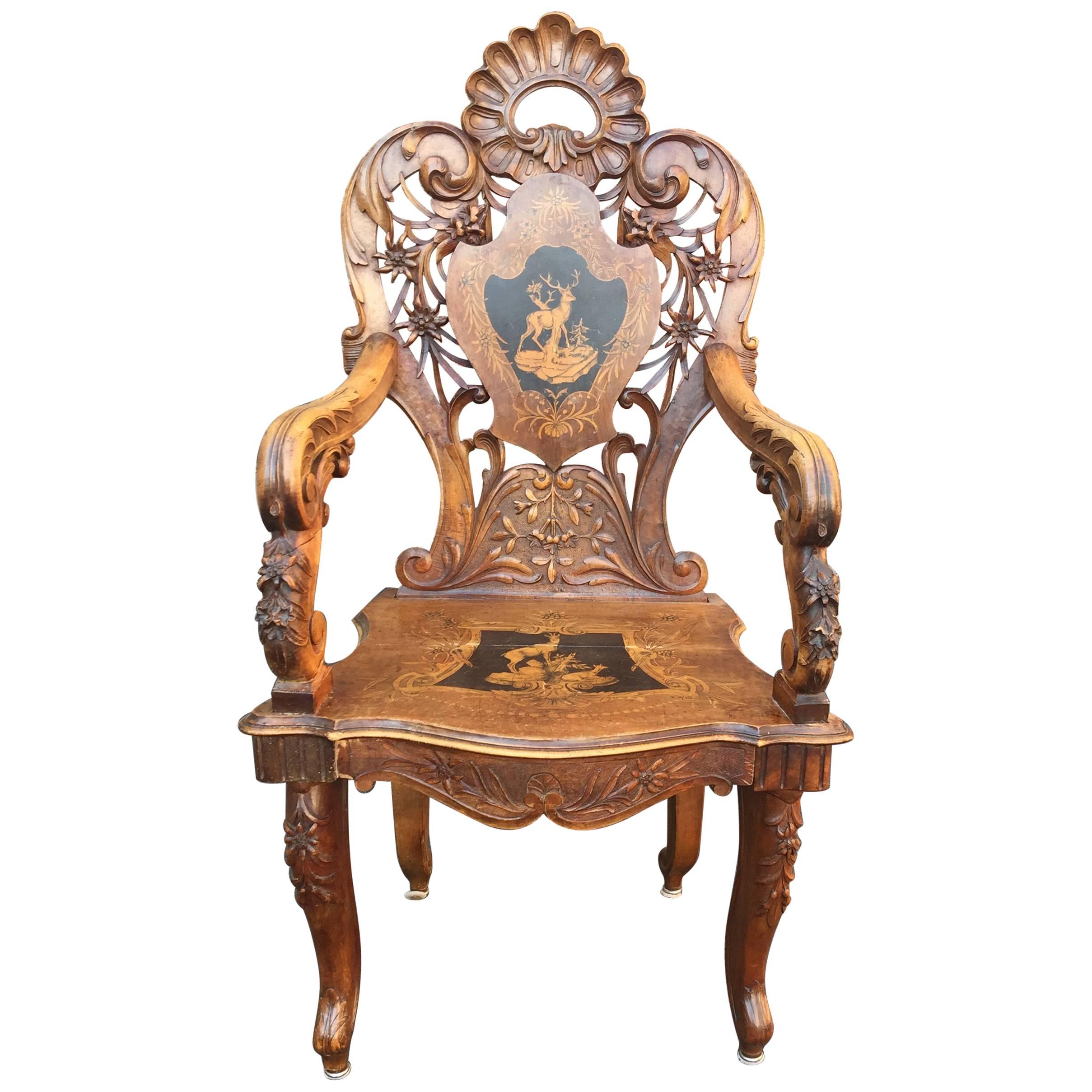 19th Century, Black Forest Ceremonial Armchair in Walnut and Carved Wood For Sale