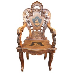 Antique 19th Century, Black Forest Ceremonial Armchair in Walnut and Carved Wood