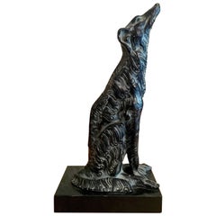 Vintage Metal Sculpture of Borzoi Dog on Marble Stand Bookend