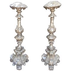 Pair of 17th-18th Century Silver Giltwood Altar Prickets