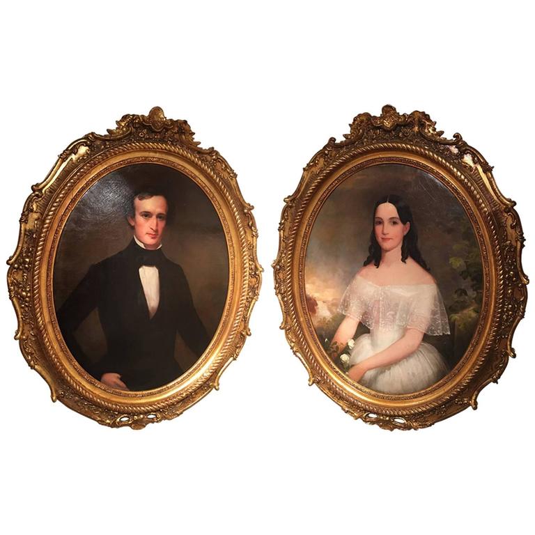 Oil on Canvas Pair of Oval Portraits "Lady and Gentleman," 19th Century