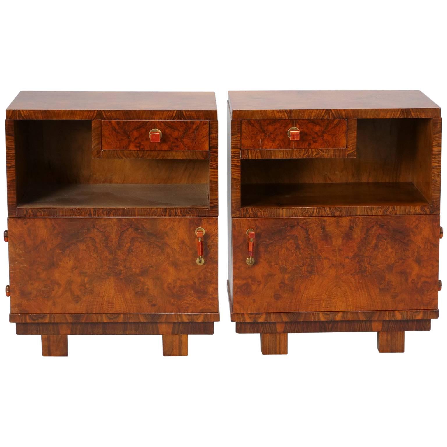Pair of Deco Burl Wood Bedside Cabinets with Bakelite Handles