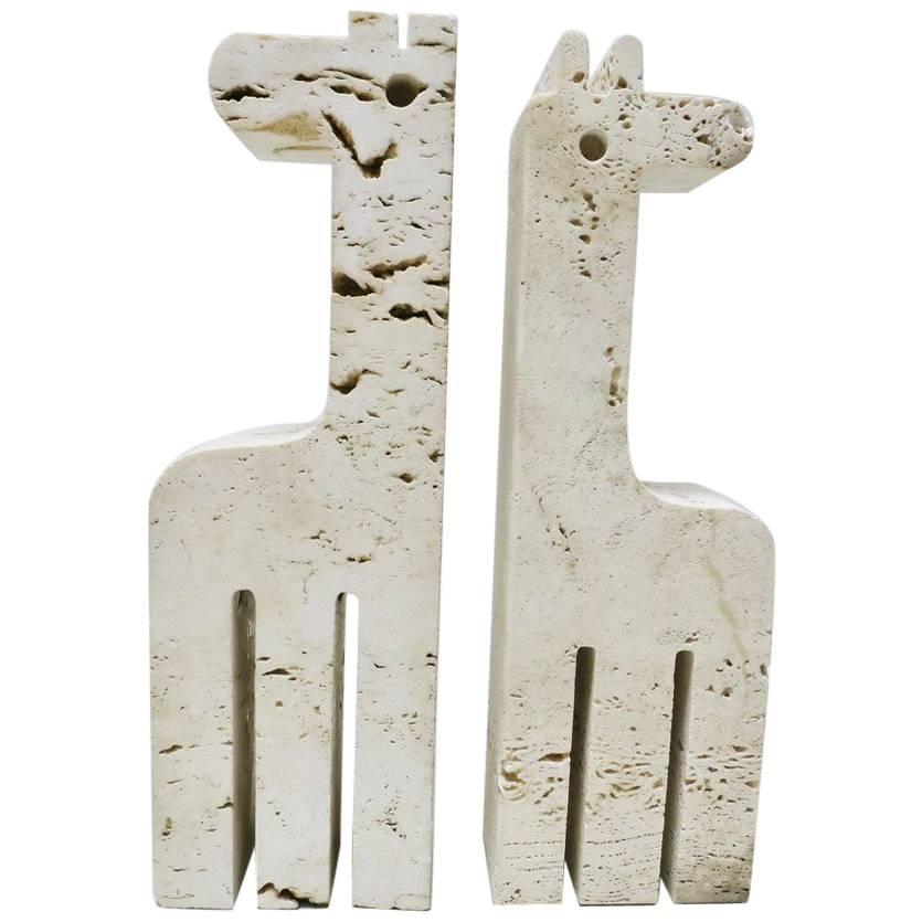 Pair of Giraffe Bookends in Travertine by Fratelli Mannelli