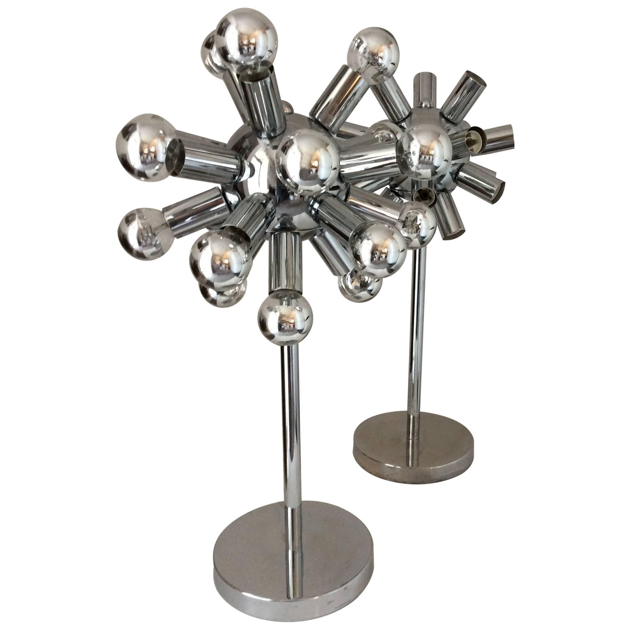 Pair of Mid-Century Modern American Chrome Sputnik Table Lamps, Torino Style For Sale