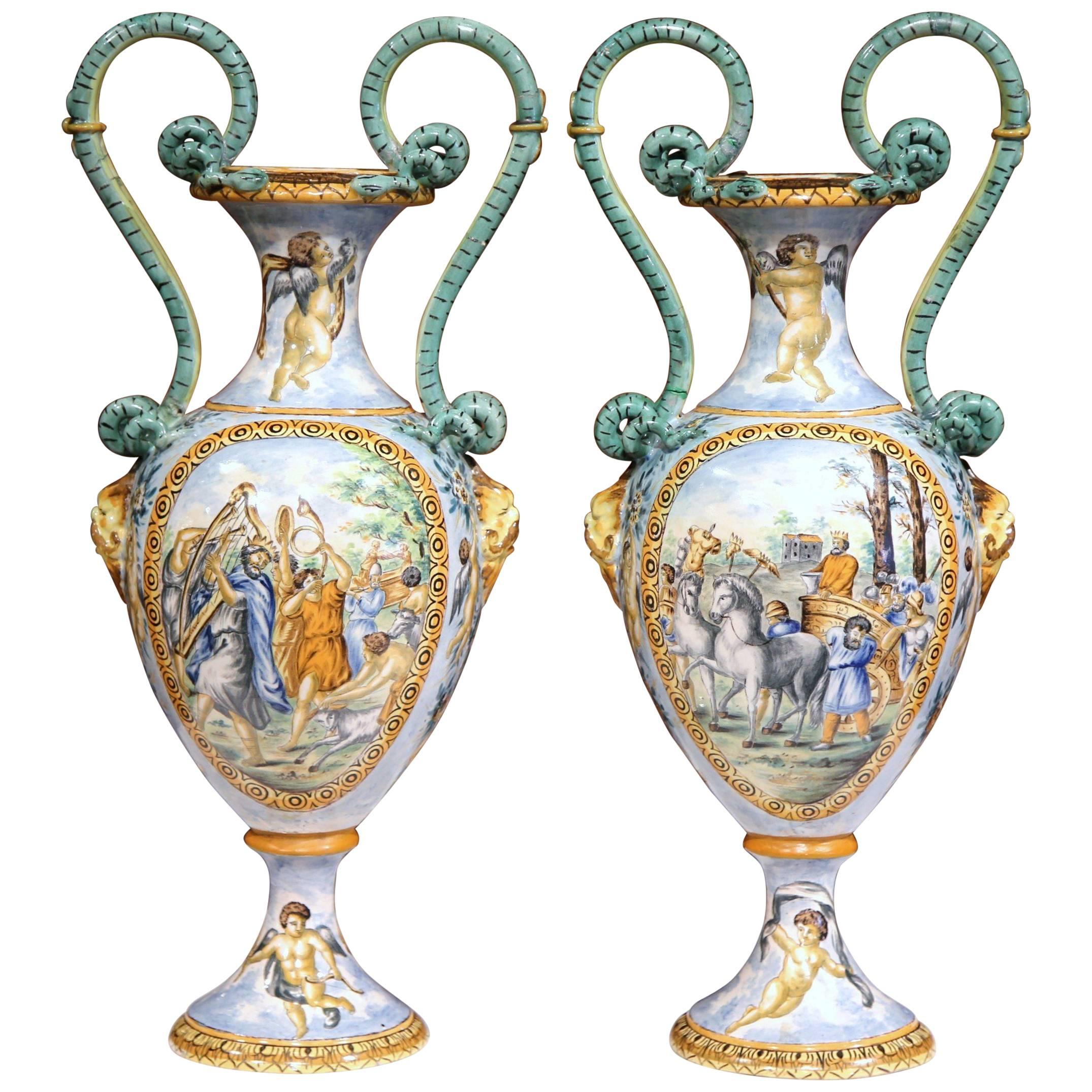 Pair of 19th Century Italian Hand Classical Painted Vases with Roman Scenes